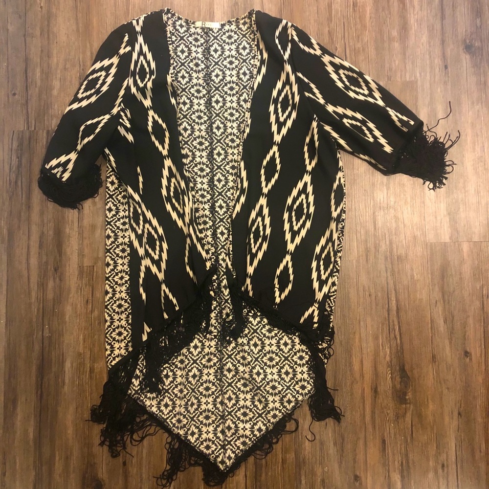 Rumors Fringed Aztec Kimono Black and Cream